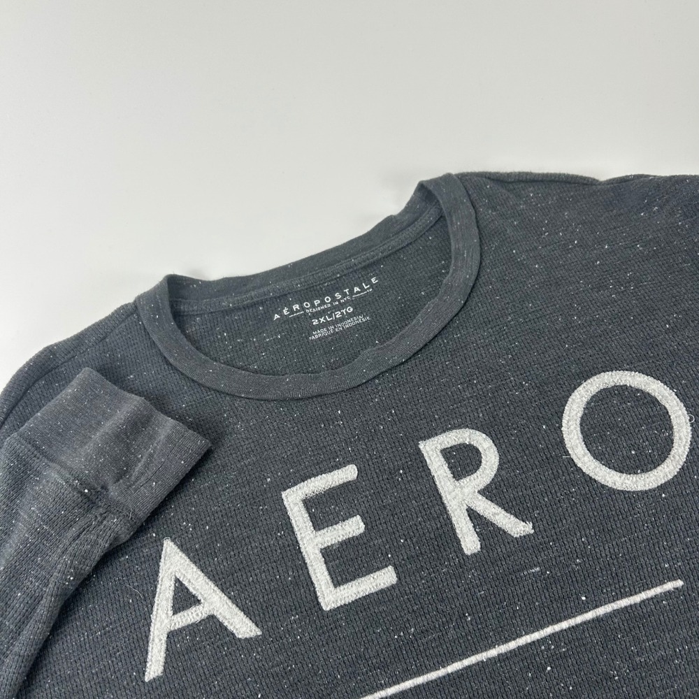 Aeropostale Mens 2XL Charcoal Gray Waffle Knit Henley New York Thermal Shirt Y2K